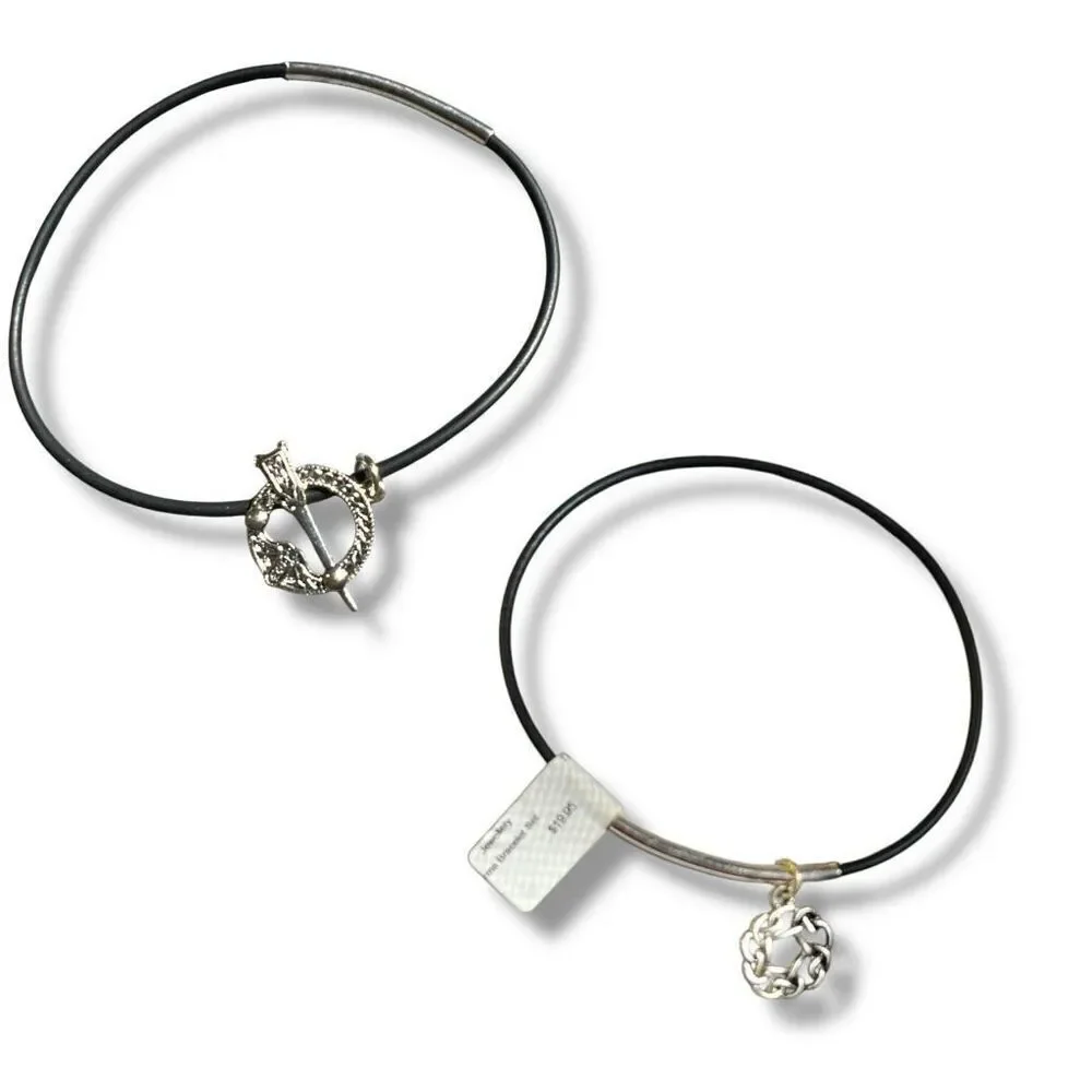 Set of Two Celtic-Inspired Black Jelly Bracelets with Silver Tone Charms
